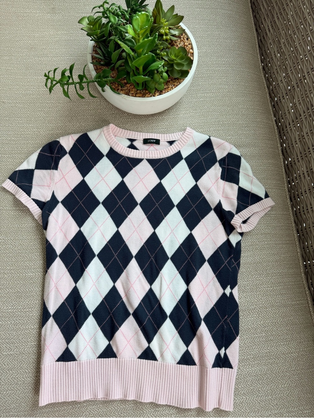 J. Crew Pink Navy White Argyle Short Sleeve Sweater